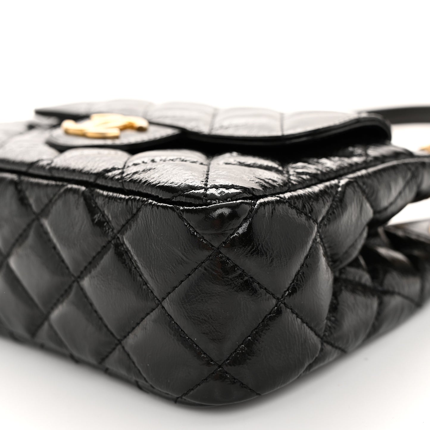 Shiny Crumpled Calfskin Quilted Small Wavy CC Hobo Black