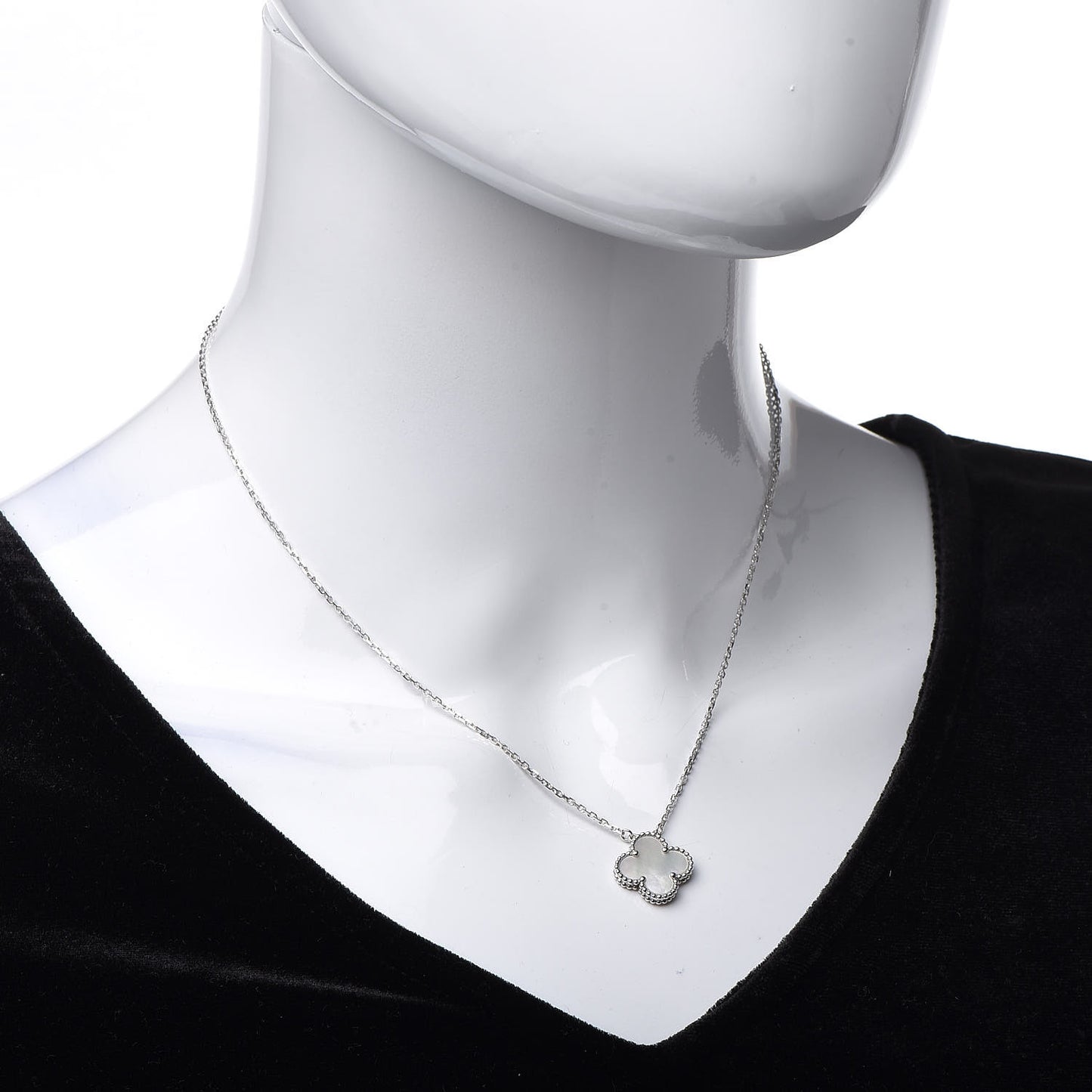 18K White Gold Mother of Pearl Vintage Alhambra Pendant Necklace