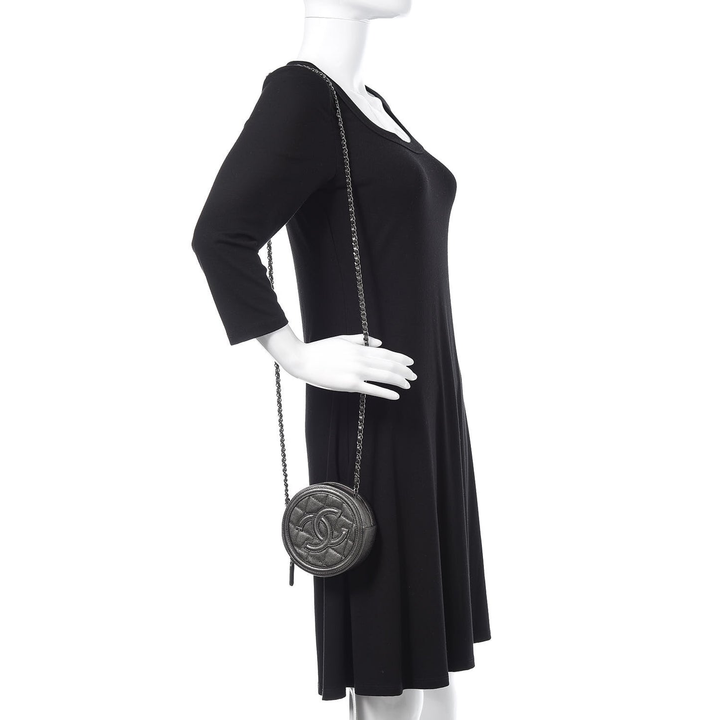 Metallic Caviar Quilted Round Filigree Crossbody Dark Silver
