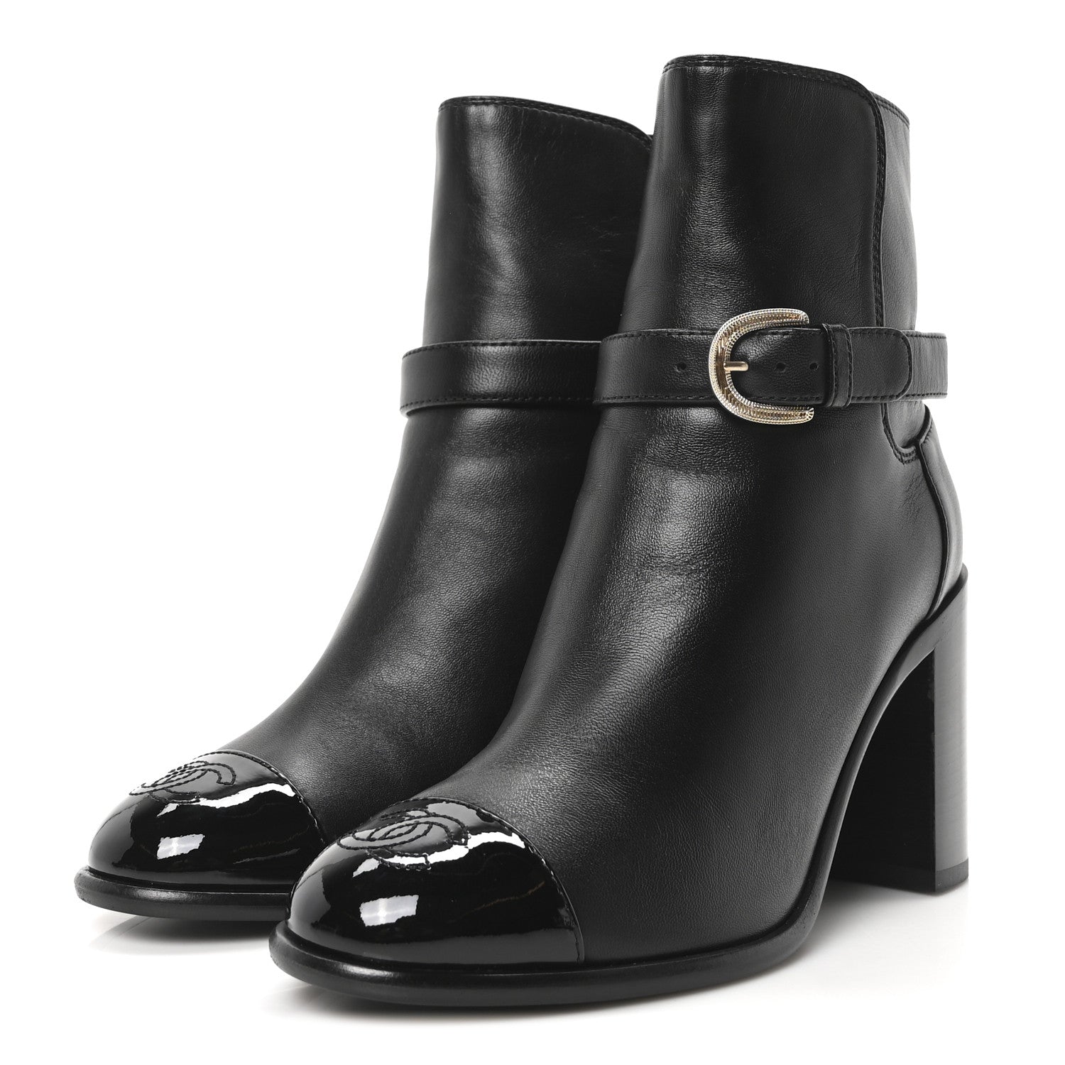 Chanel Calfskin Patent Cap Toe Interlocking CC Ankle Boots 37 Black 4 of 9