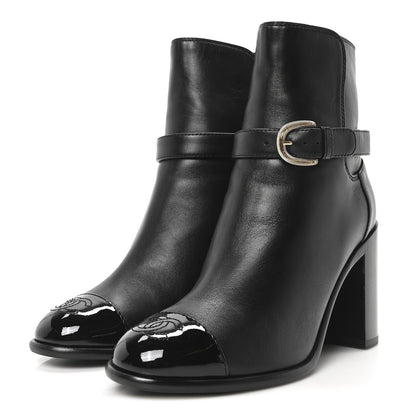 Chanel Calfskin Patent Cap Toe Interlocking CC Ankle Boots 37 Black 4 of 9