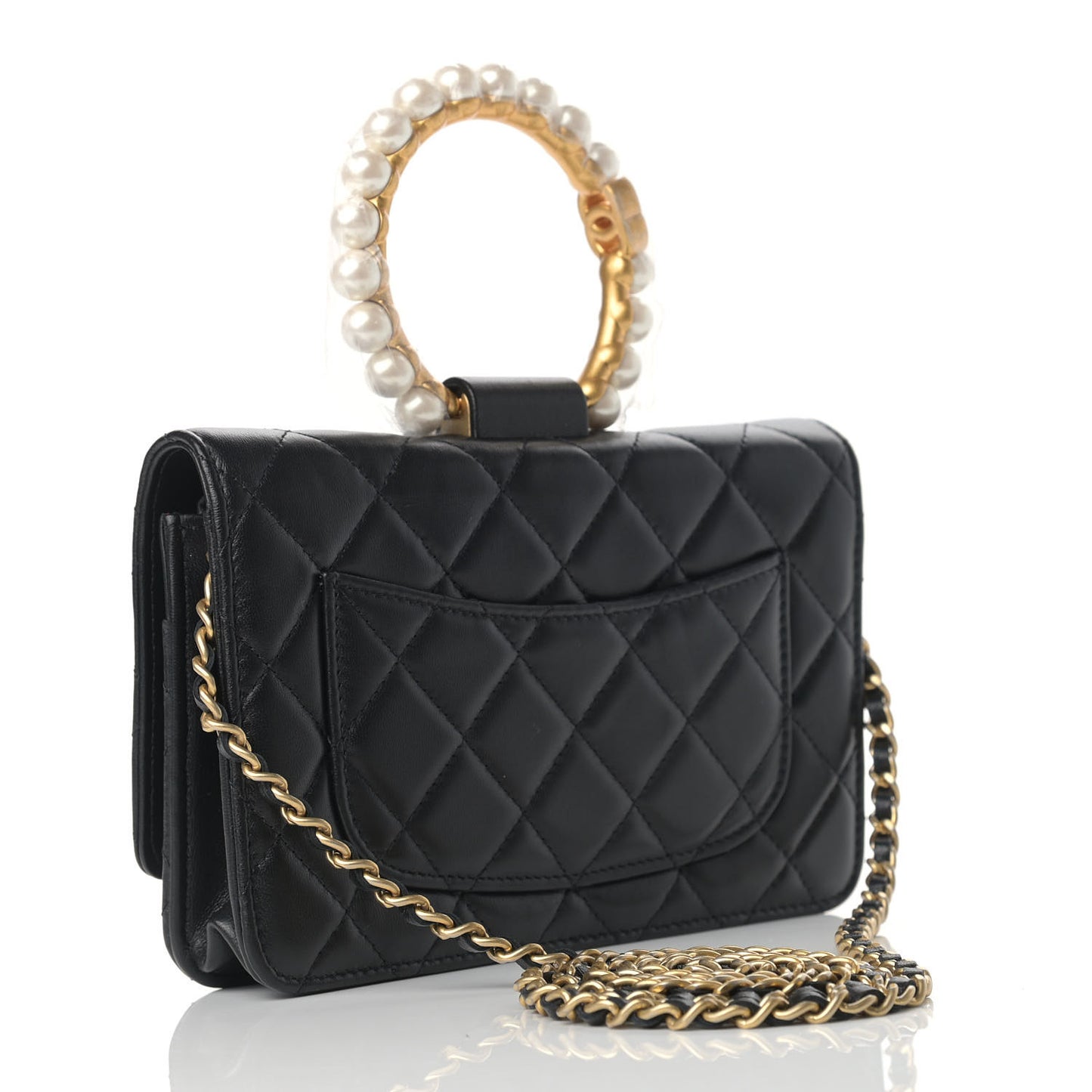Lambskin Quilted Pearl Crown Wallet On Chain WOC Black