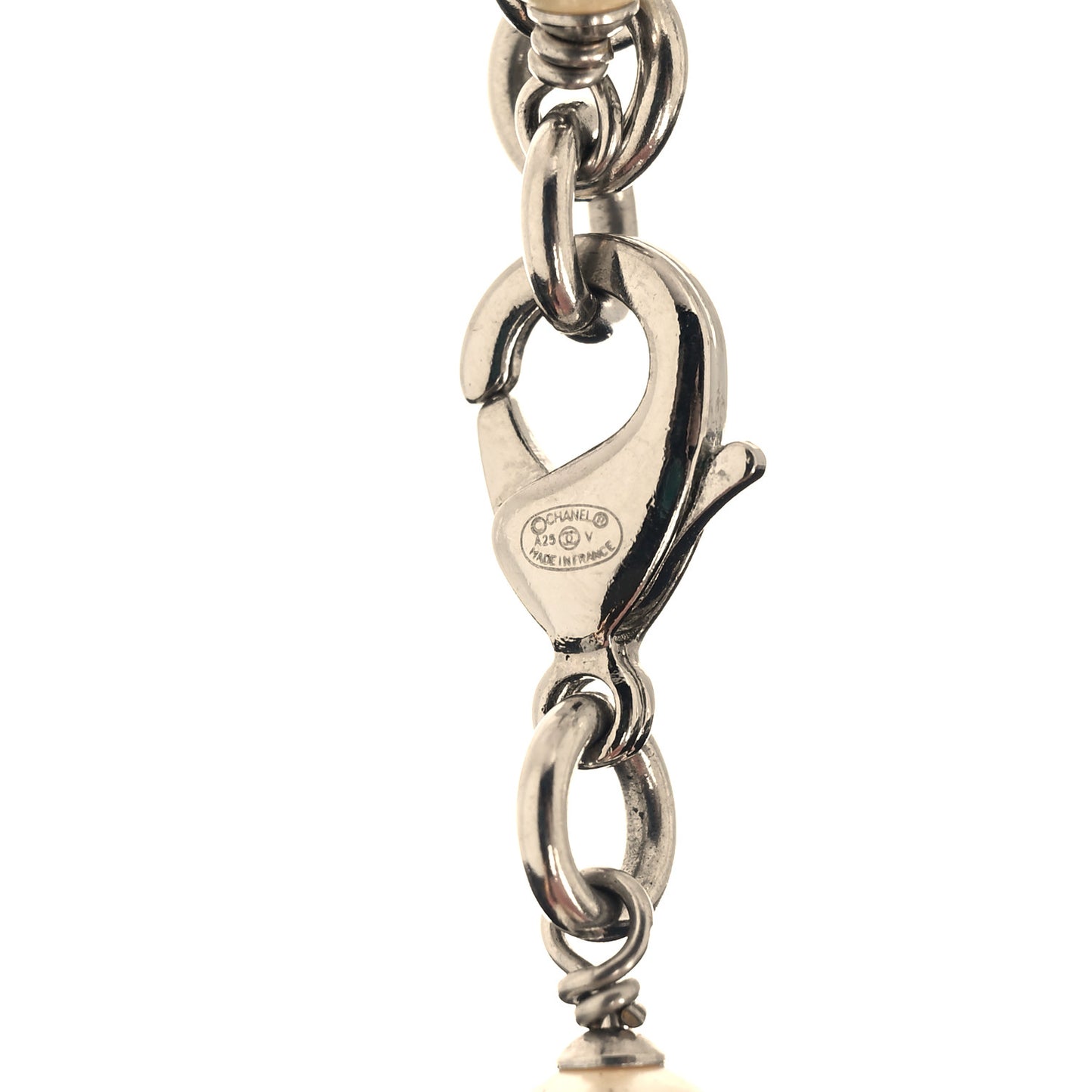 Graduated Pearl Crystal CC Long Necklace Silver