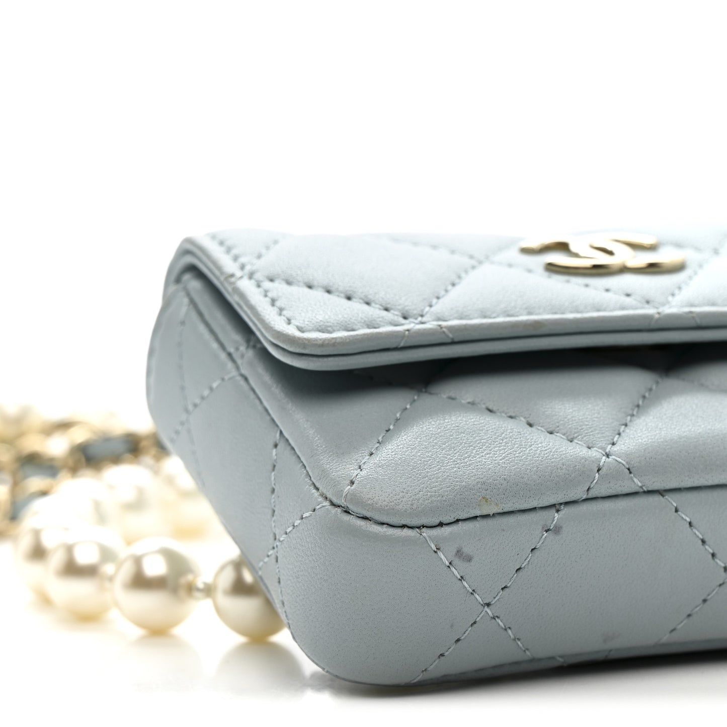 Lambskin Quilted Pearl Chain Belt Bag Light Blue