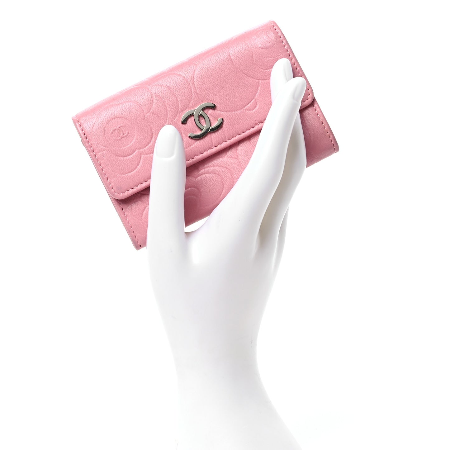 Lambskin Camellia Embossed Flap Card Holder Light Pink