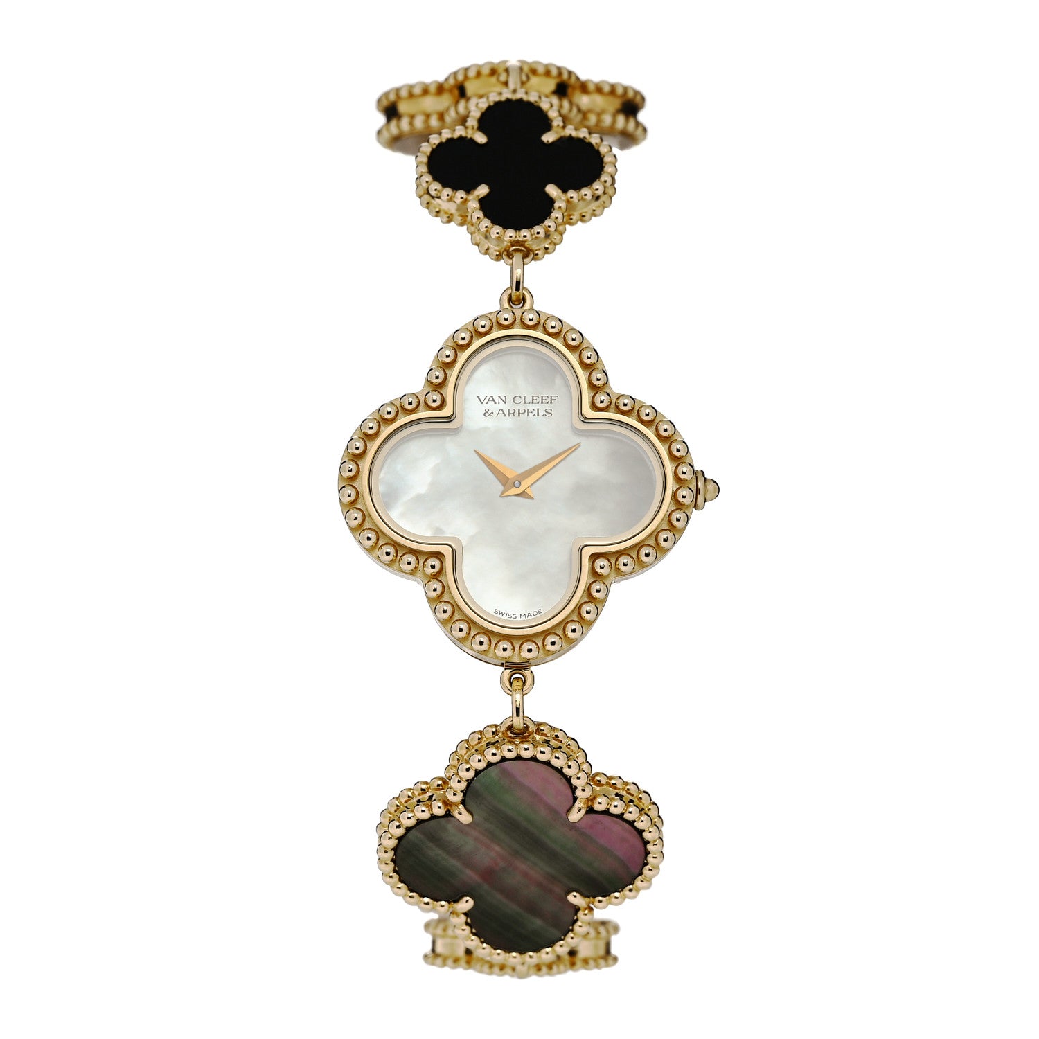 Van Cleef & Arpels 18K Yellow Gold Mother of Pearl Black Onyx 26mm Alhambra Quartz Watch 1 of 5