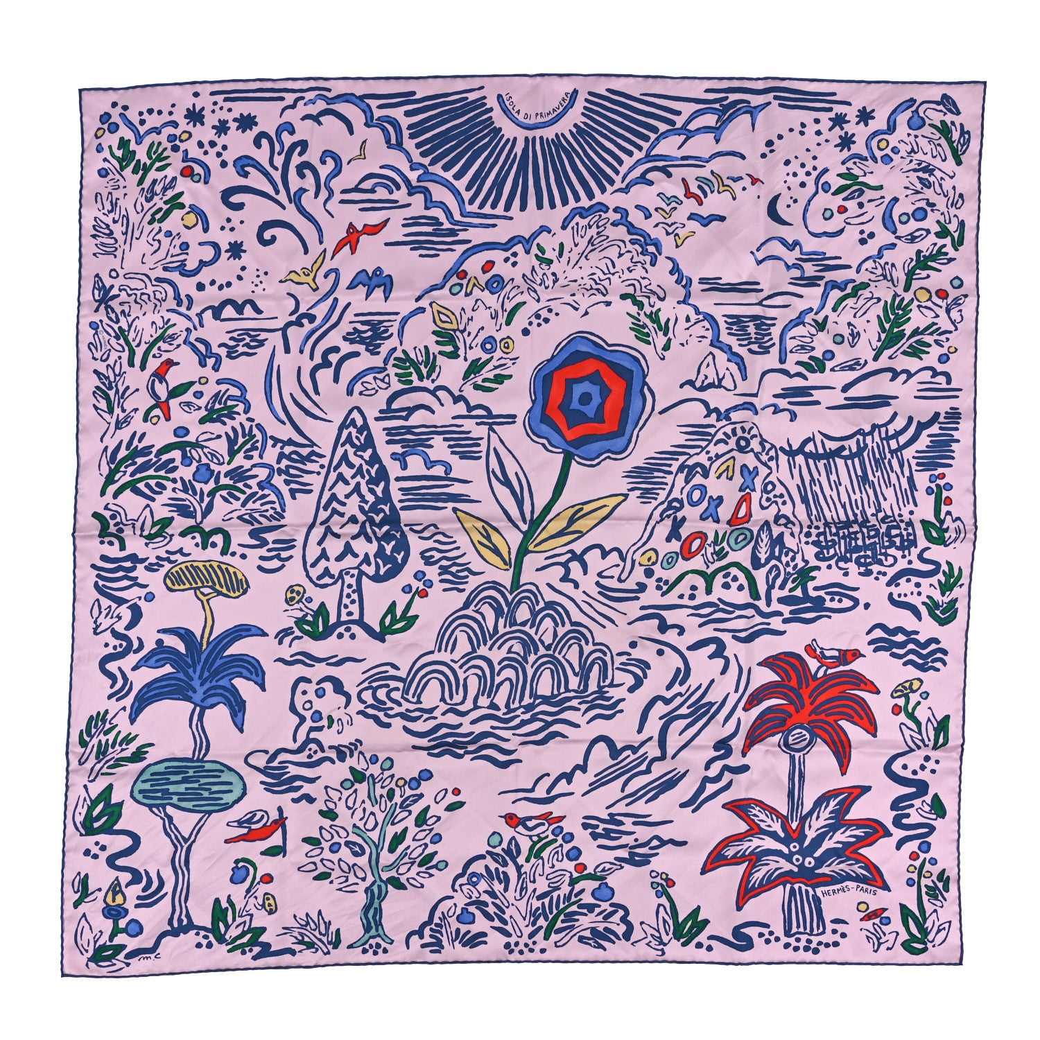 Hermes Silk Isola Di Primavera Scarf 90 Rose Fane Marine 1 of 3