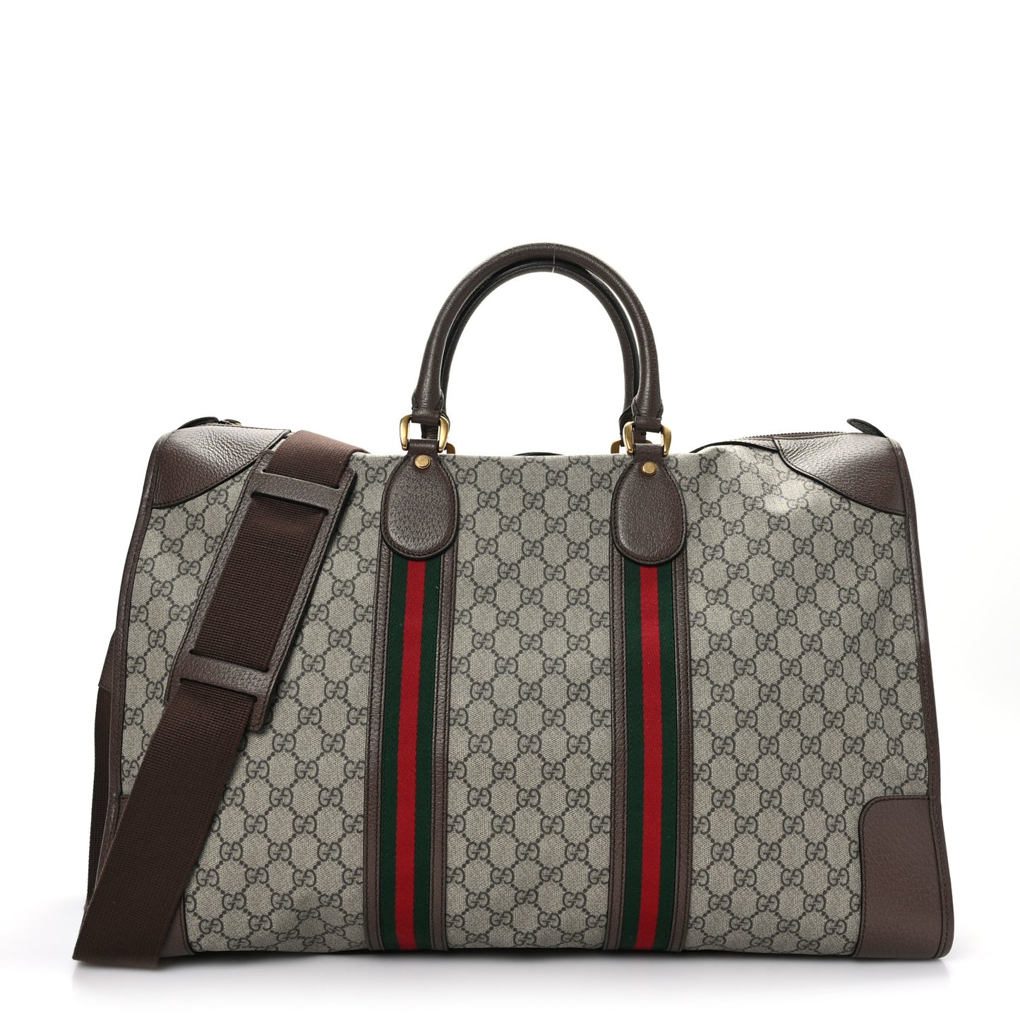Soft GG Supreme Monogram Textured Dollar Calfskin Web Large Ophidia Carry-On Duffle Bag Beige Ebony New Acero