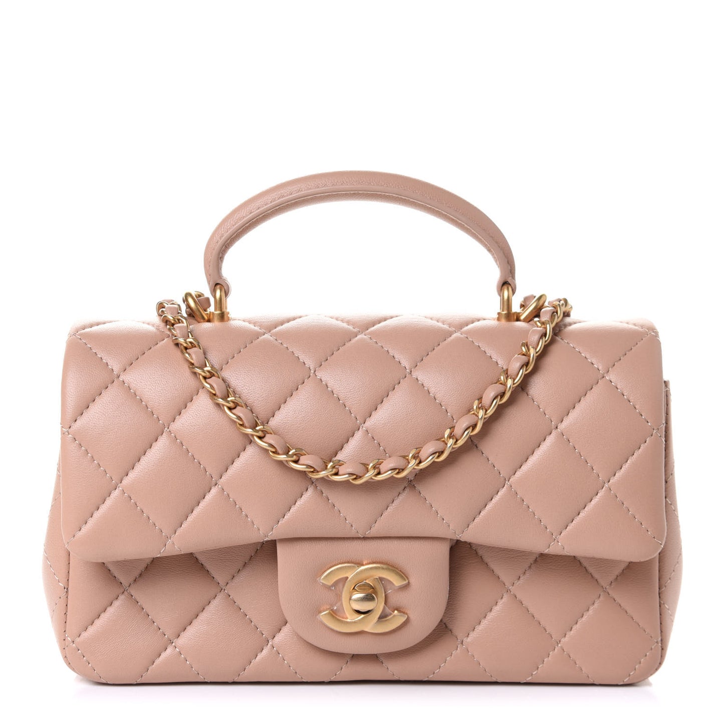 Lambskin Quilted Mini Top Handle Rectangular Flap Beige
