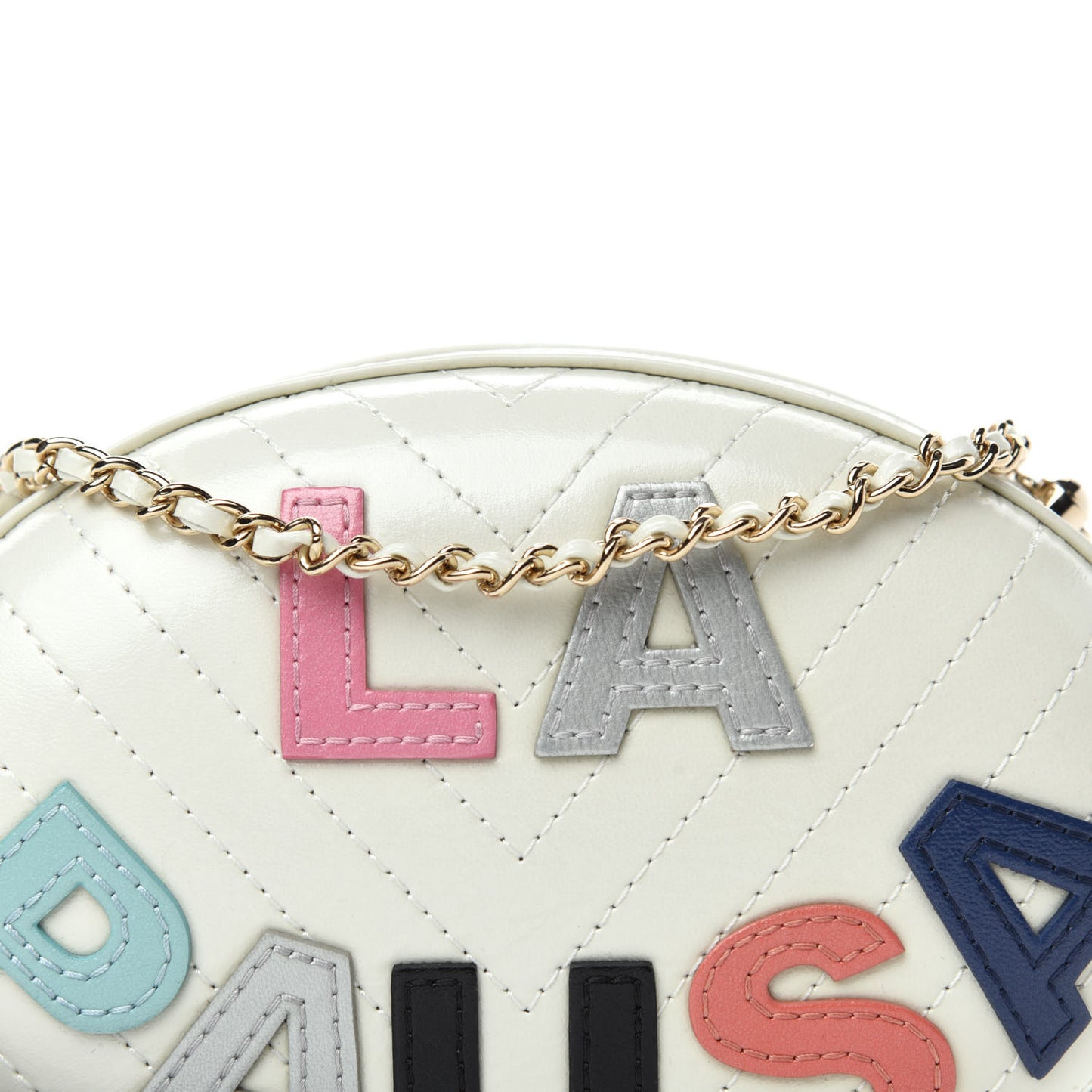 Embroidered Lambskin Chevron Quilted La Pausa Evening Bag White