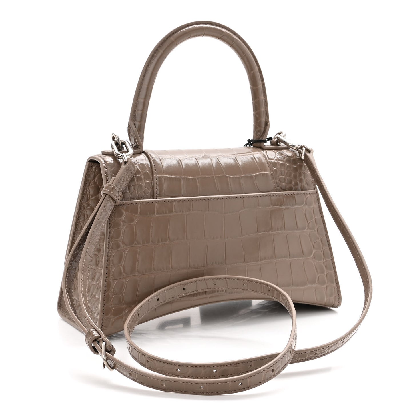 Shiny Calfskin Crocodile Embossed Small Hourglass Top Handle Bag Mink Grey