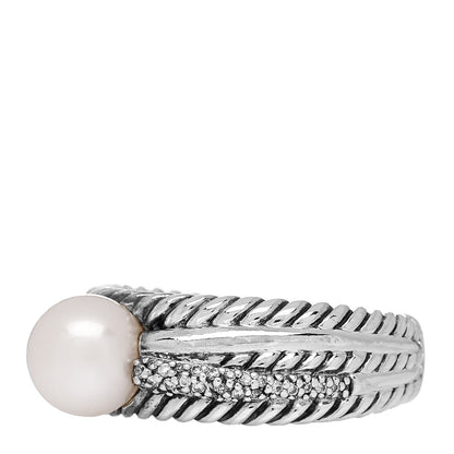 David Yurman Sterling Silver Diamond Freshwater Cultured Pearl Cable Crossover Ring 57 8 3 of 5
