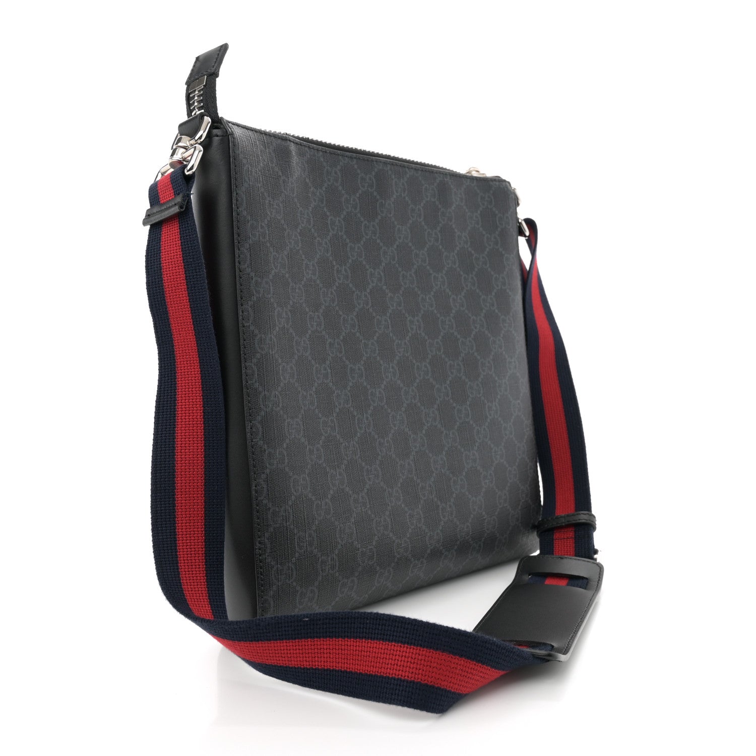 Gucci GG Supreme Monogram Appia Calfskin Web Flat Messenger Bag Black Grey 3 of 10