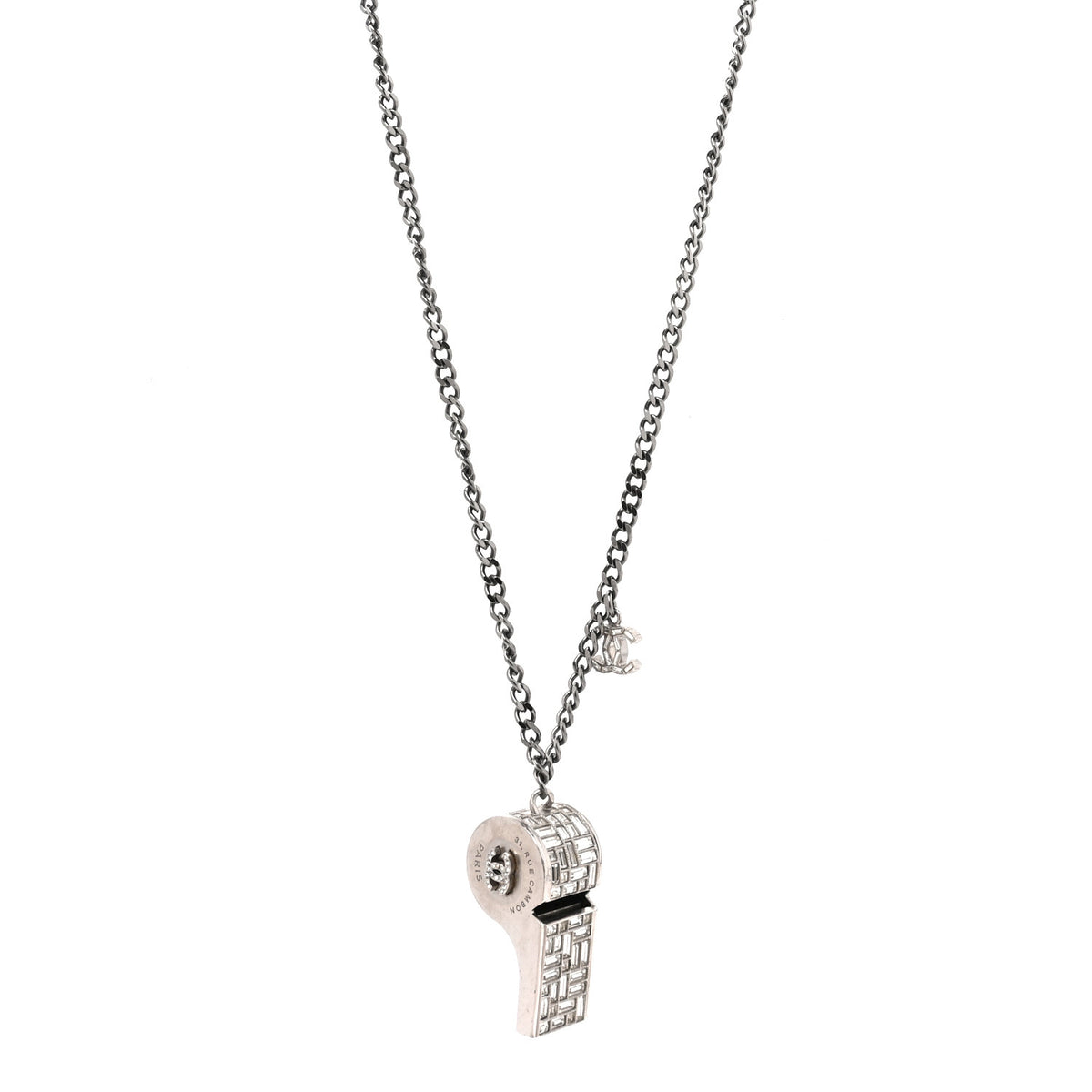 Crystal Baguette CC Whistle Pendant Necklace Silver