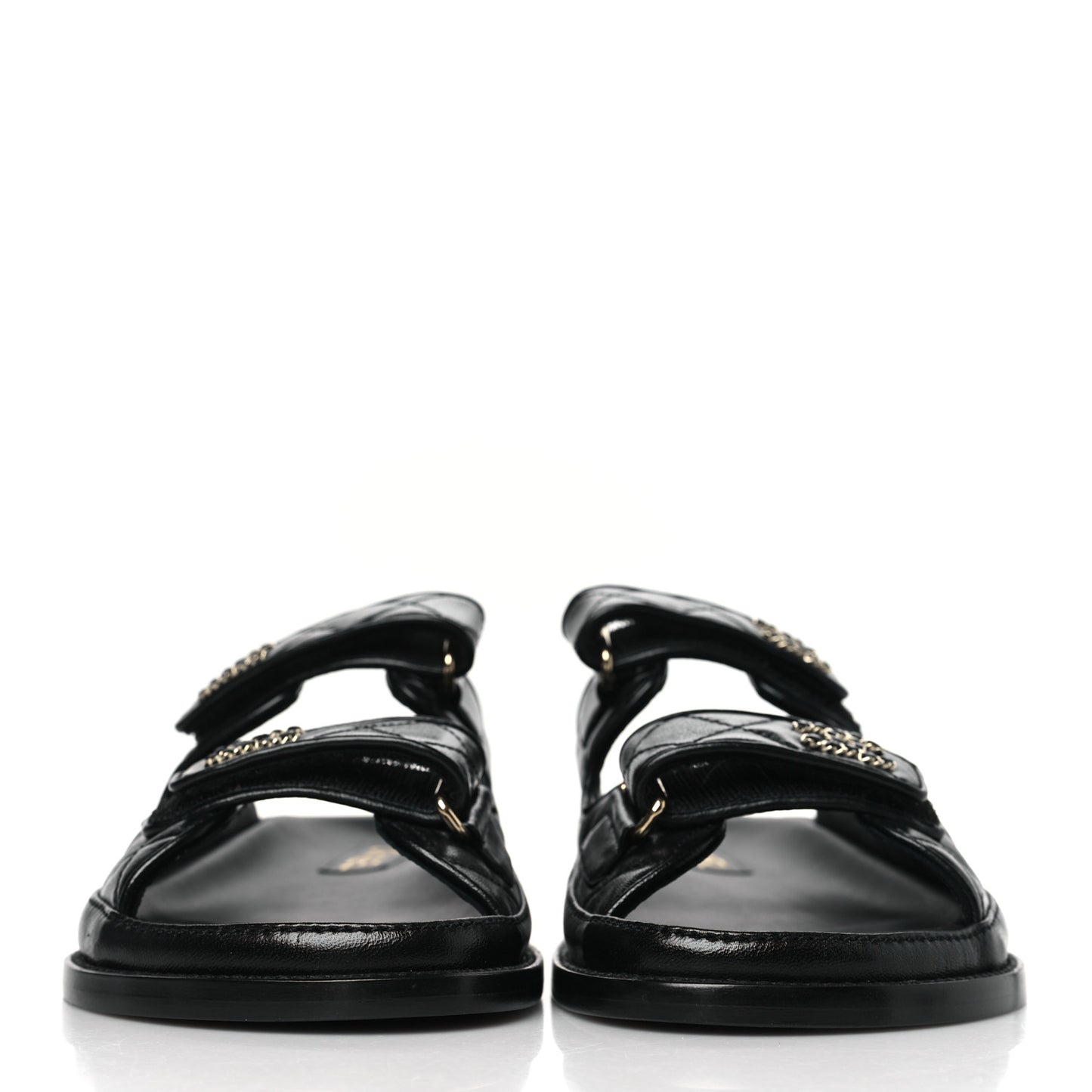 Lambskin Quilted Velcro Dad Chain CC Slide Sandals 38 Black