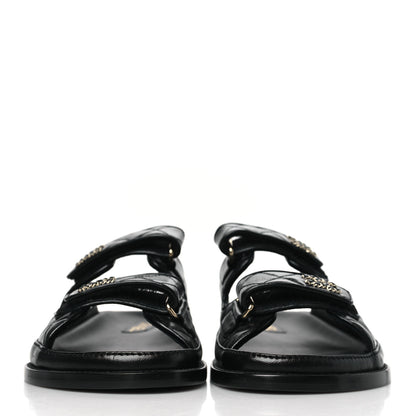 Chanel Lambskin Quilted Velcro Dad Chain CC Slide Sandals 38 Black 2 of 9