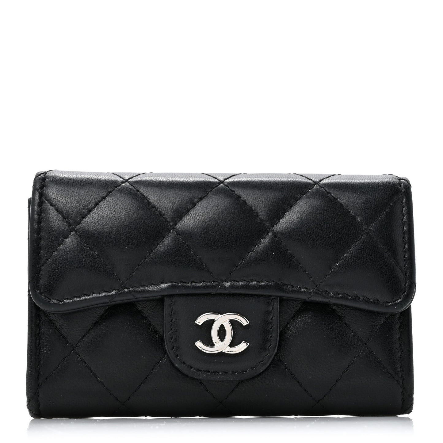Lambskin Quilted Flap Card Holder Wallet Black
