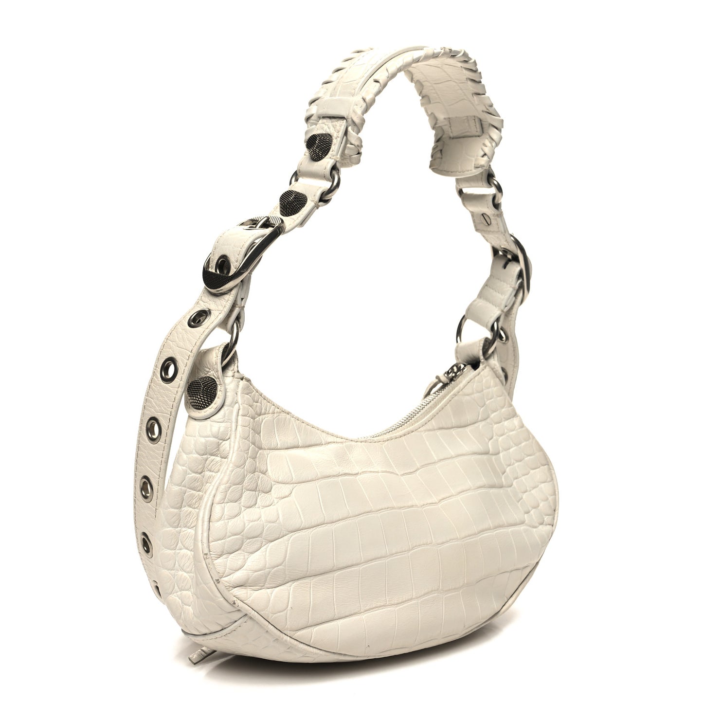 Extra Supple Calfskin Crocodile Embossed Le Cagole Shoulder Bag XS White
