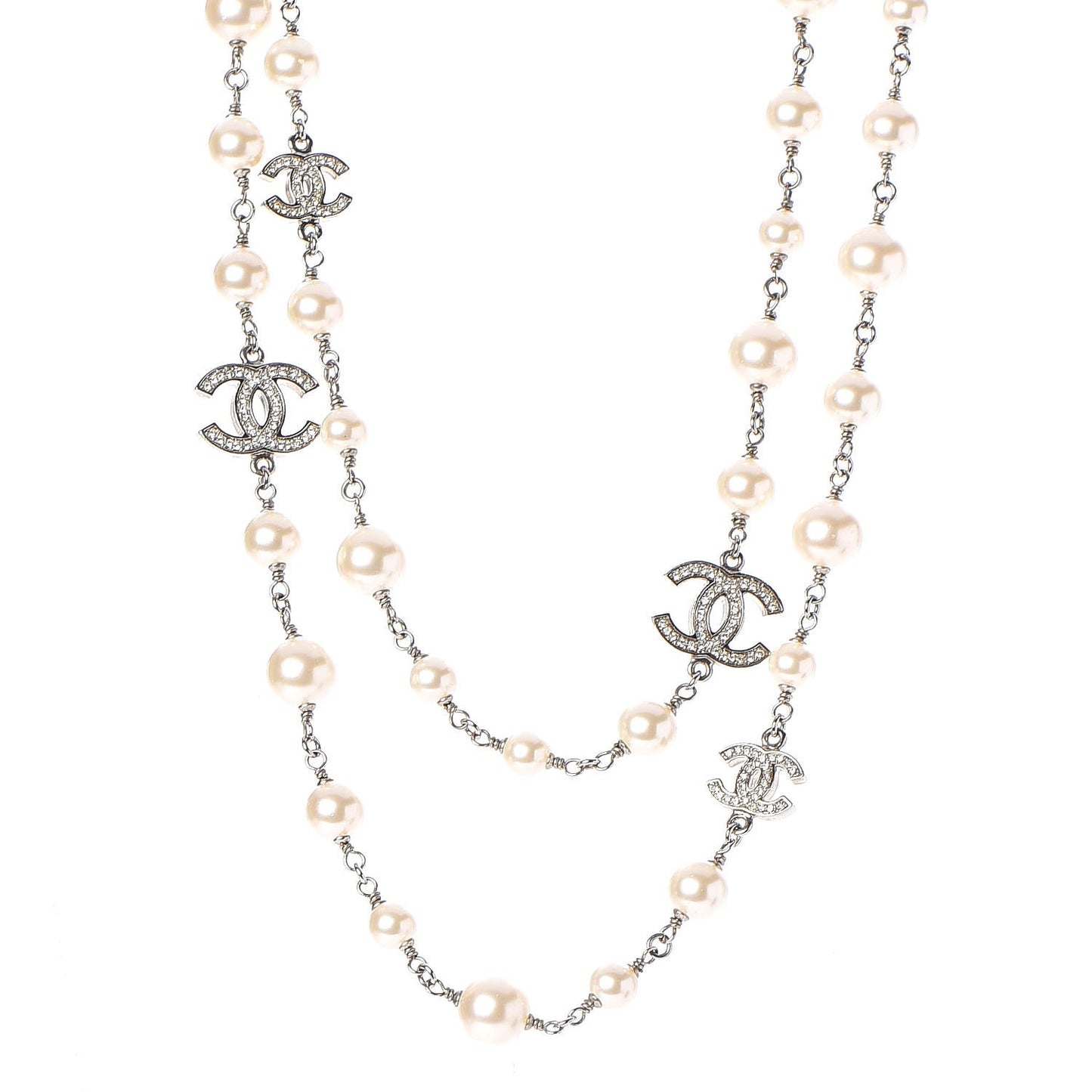 Crystal Pearl CC Long Necklace Silver