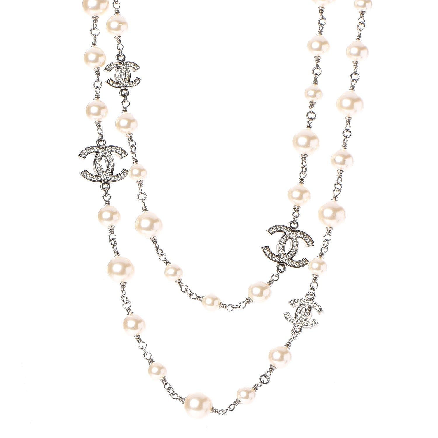 Chanel Crystal Pearl CC Long Necklace Silver 1 of 7