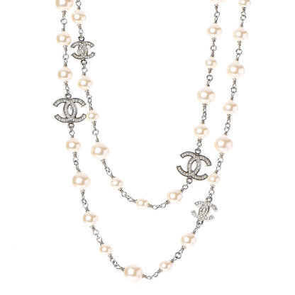 Chanel Crystal Pearl CC Long Necklace Silver 1 of 7
