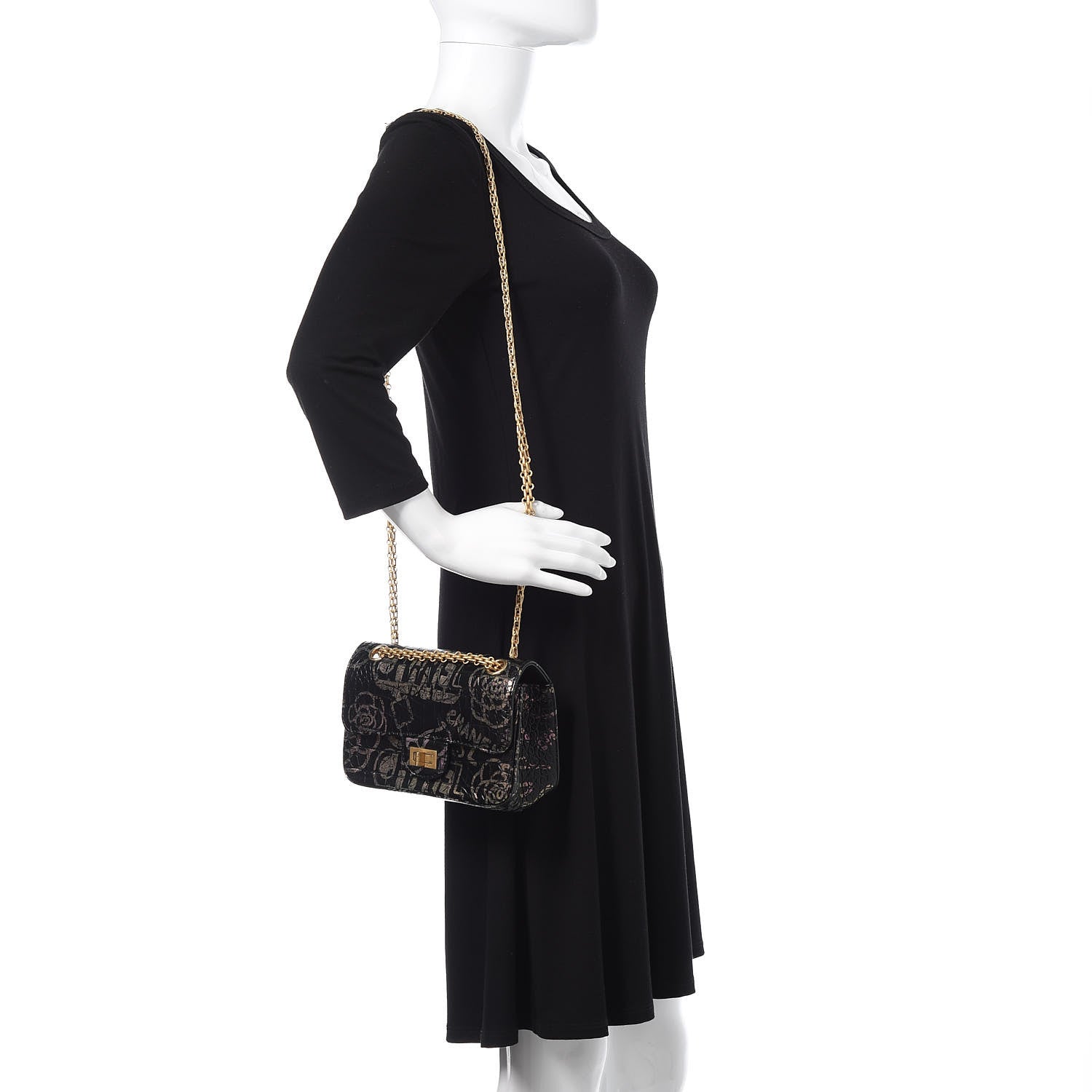Chanel Calfskin Crocodile Embossed Graffiti 2.55 Mini Cocodile Reissue Flap Black Pink 2 of 11