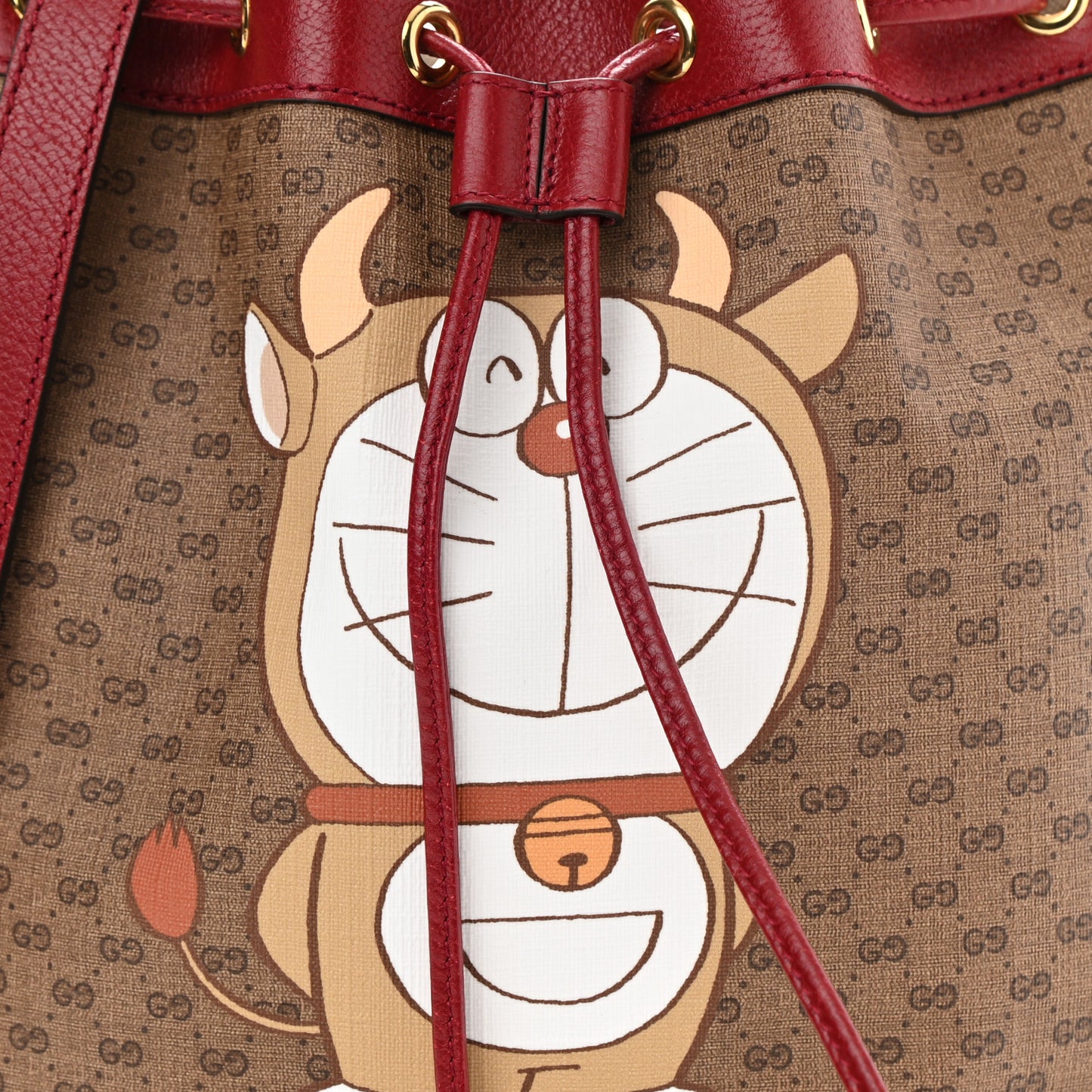 X DORAEMON Vintage GG Supreme Monogram Small Bucket Bag Beige Cherry Red
