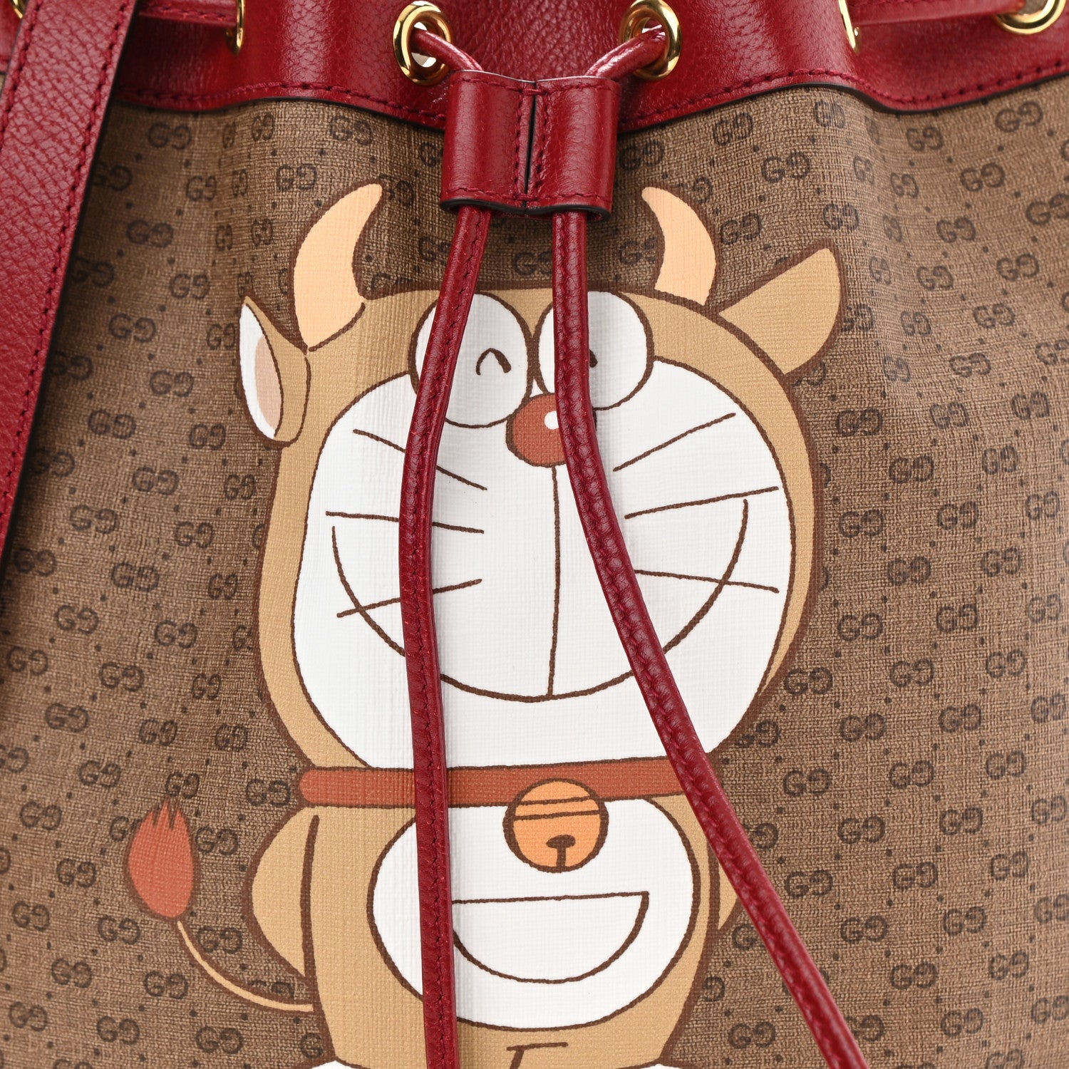 Gucci X DORAEMON Vintage GG Supreme Monogram Small Bucket Bag Beige Cherry Red 9 of 11