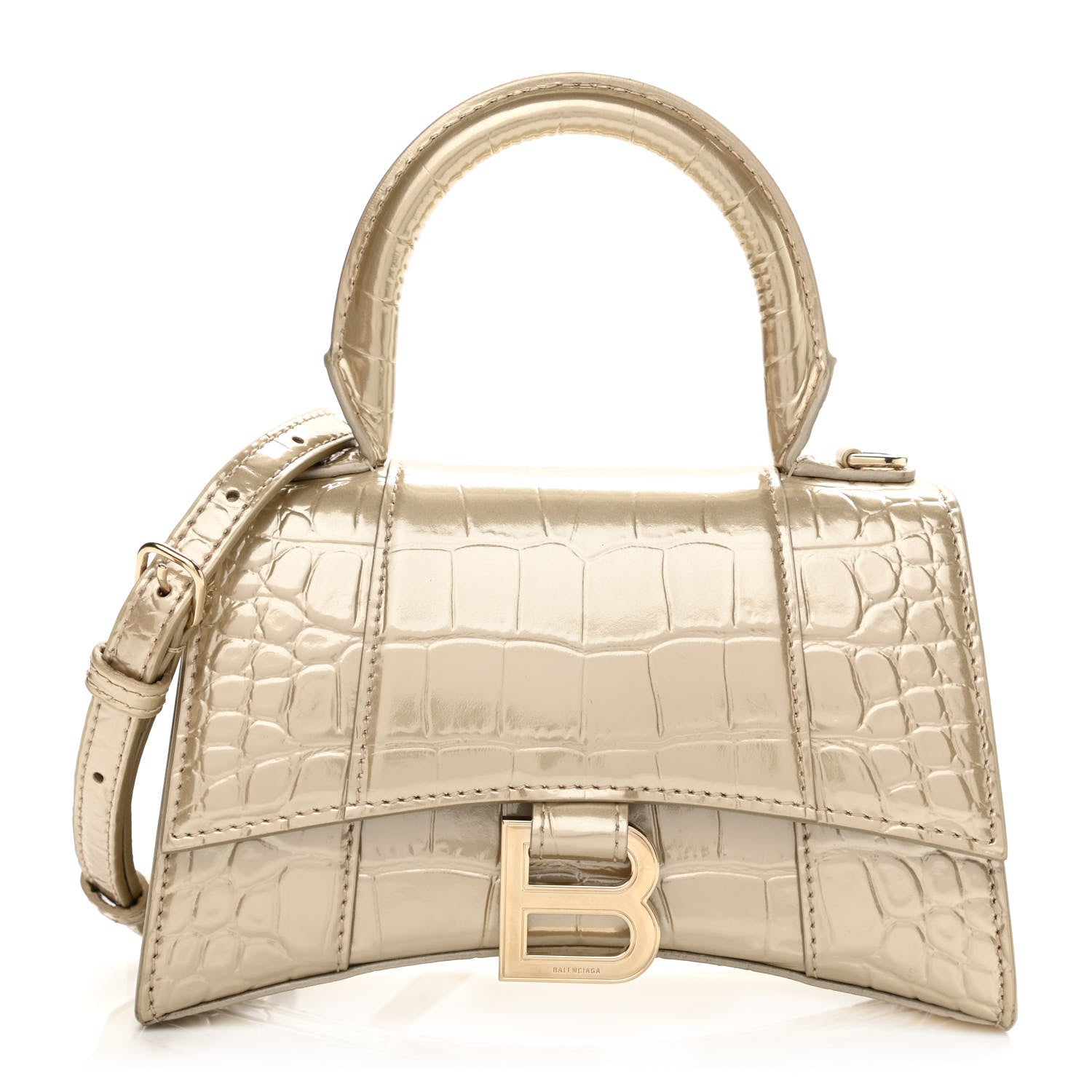 Balenciaga Metallic Shiny Calfskin Crocodile Embossed Hourglass Top Handle Bag XS Light Gold 1 of 23