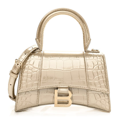 Balenciaga Metallic Shiny Calfskin Crocodile Embossed Hourglass Top Handle Bag XS Light Gold 1 of 23