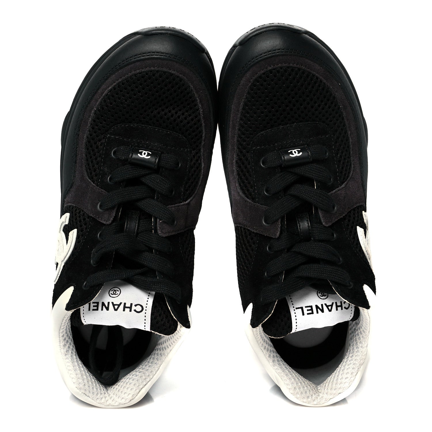Chanel Mesh Suede Grained Calfskin Womens CC Sneakers 37 Black White 2 of 10