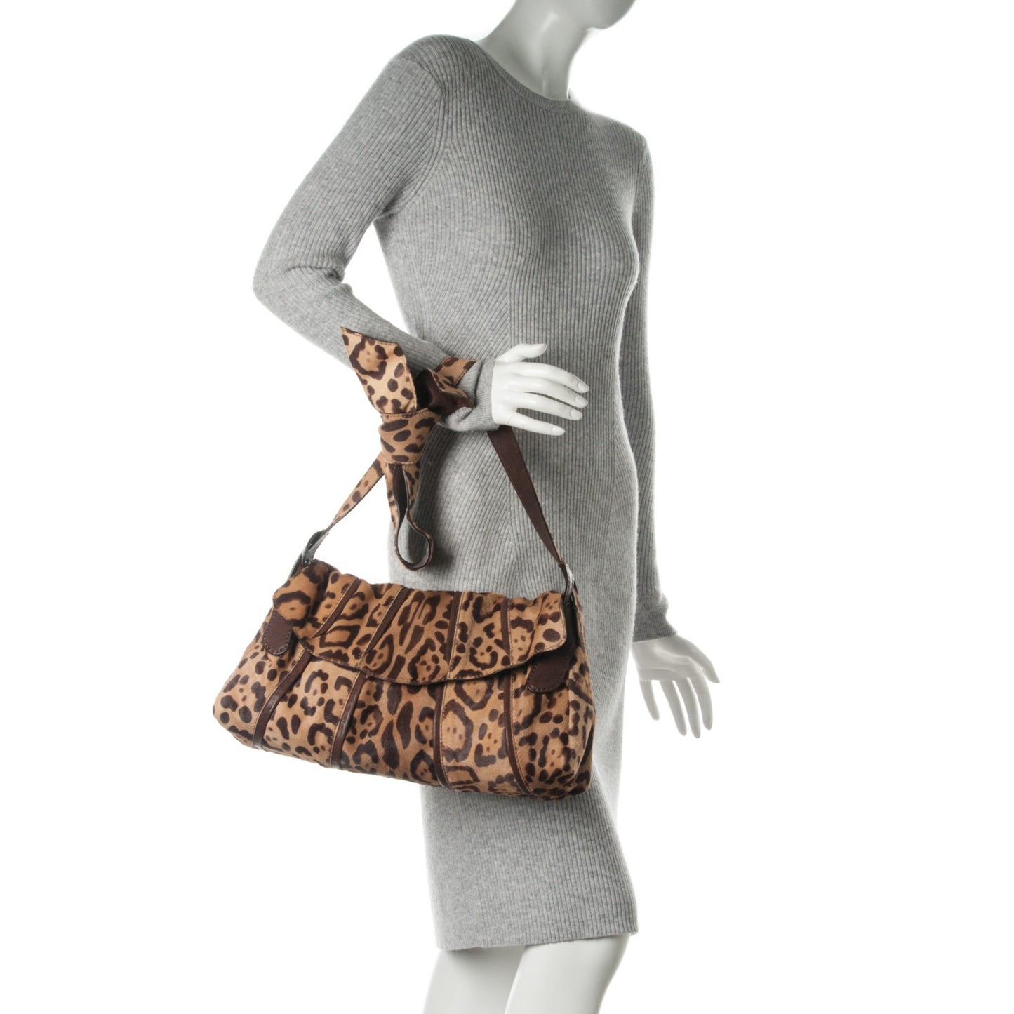Calf Hair Leopard Print Bow Shoulder Bag Brown