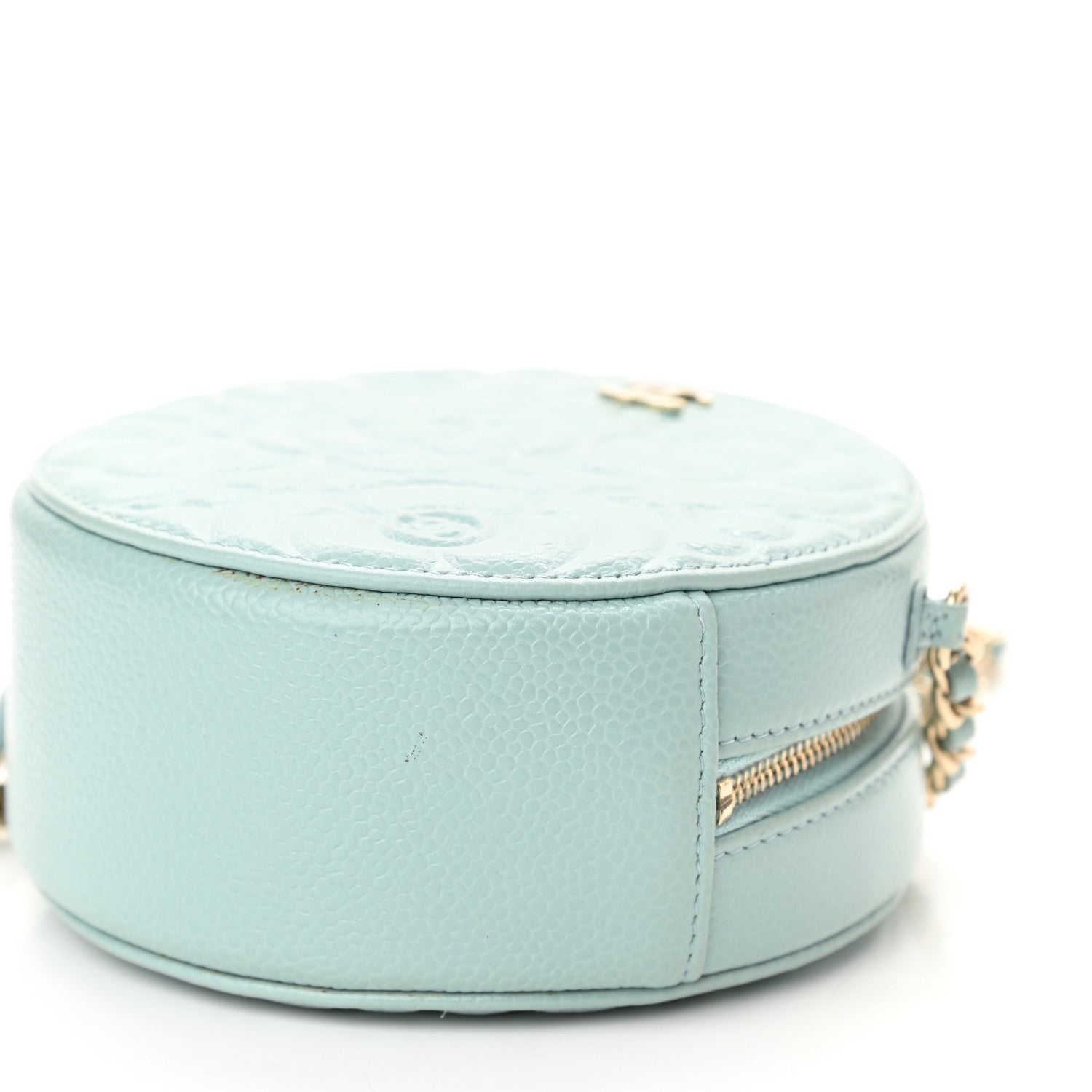 Chanel Caviar Camellia Embossed Round Clutch With Chain Light Blue 10 of 11