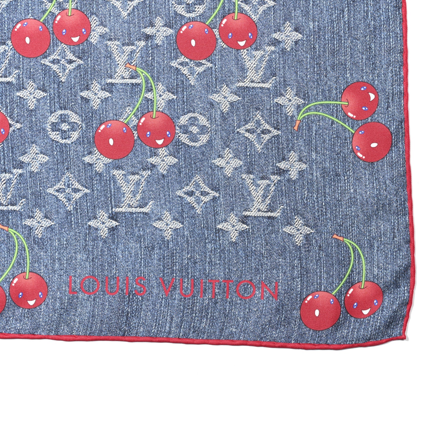 LOUIS VUITTON シルク Louis Vuitton LV X TM Silk Monogram Cerises Square Scarf 90 Denim