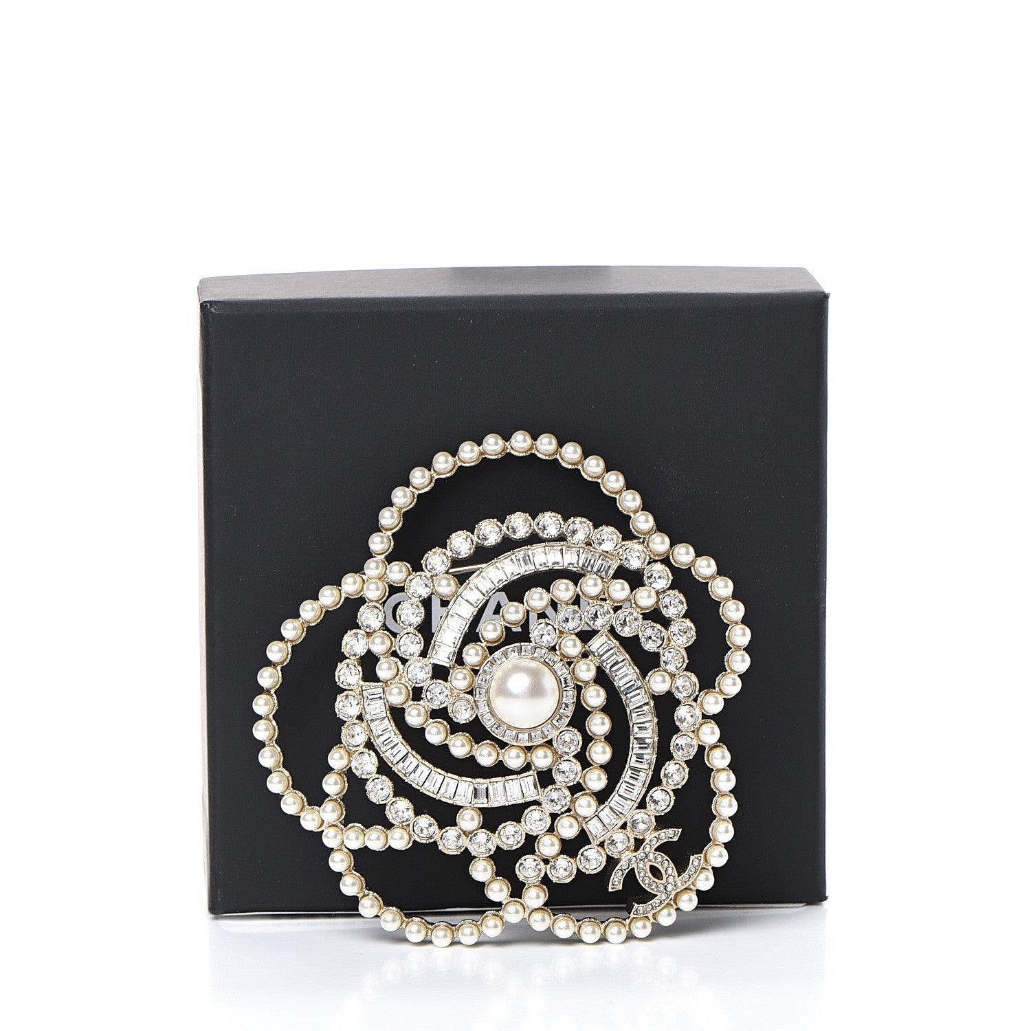 Chanel Pearl Crystal Lace Camellia Brooch Gold 4 of 4