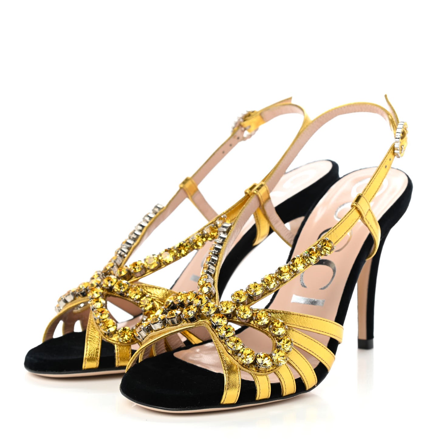 Velvet Nappa Crystal Zephyra Slingback Platform High Heel Sandals 35.5 Black Gold
