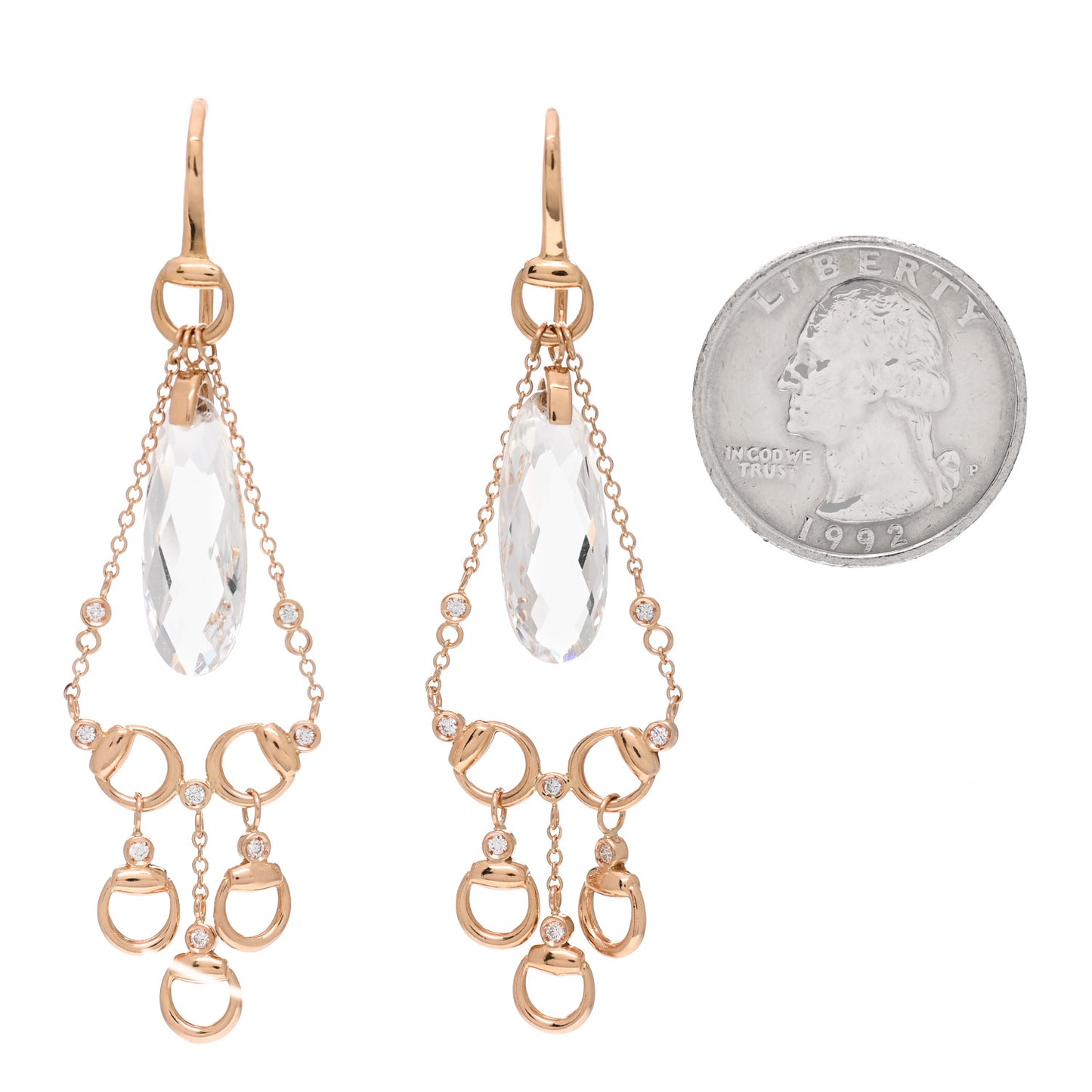 18K Rose Gold Diamond White Topaz Horsebit Drop Earrings