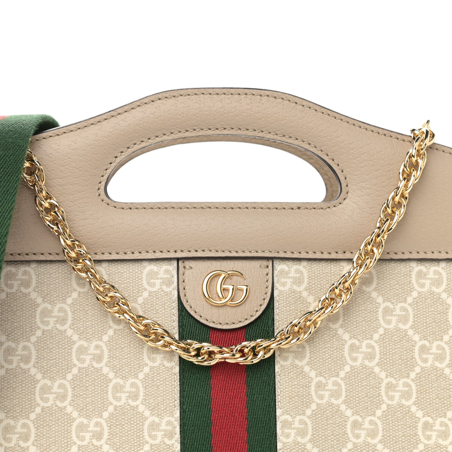 GG Supreme Monogram Textured Dollar Calfskin Web Small Ophidia Slip Handle Tote Beige Mystic White Oatmeal