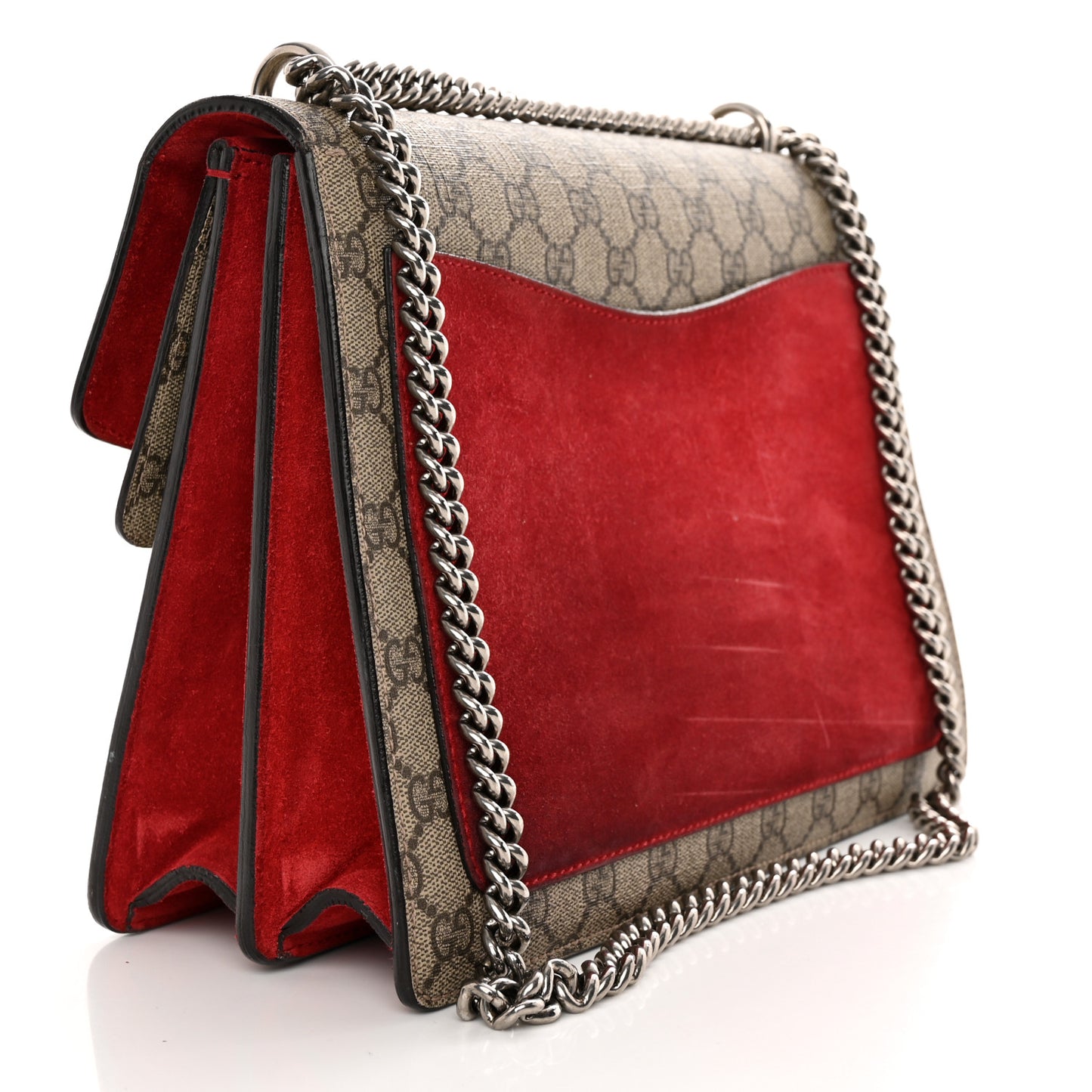 GG Supreme Monogram Suede Cudu Medium Dionysus Shoulder Bag Beige Ebony Vulcanic Red