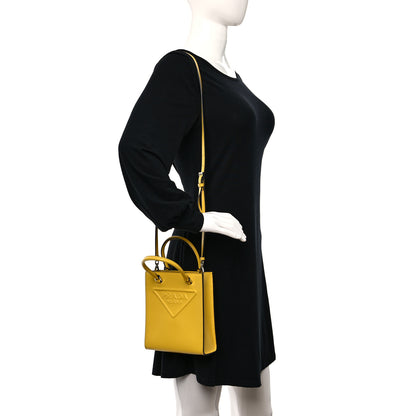 Prada Soft Calfskin Triangle Logo Embossed Small Double Handle Crossbody Tote Sole 3 of 9