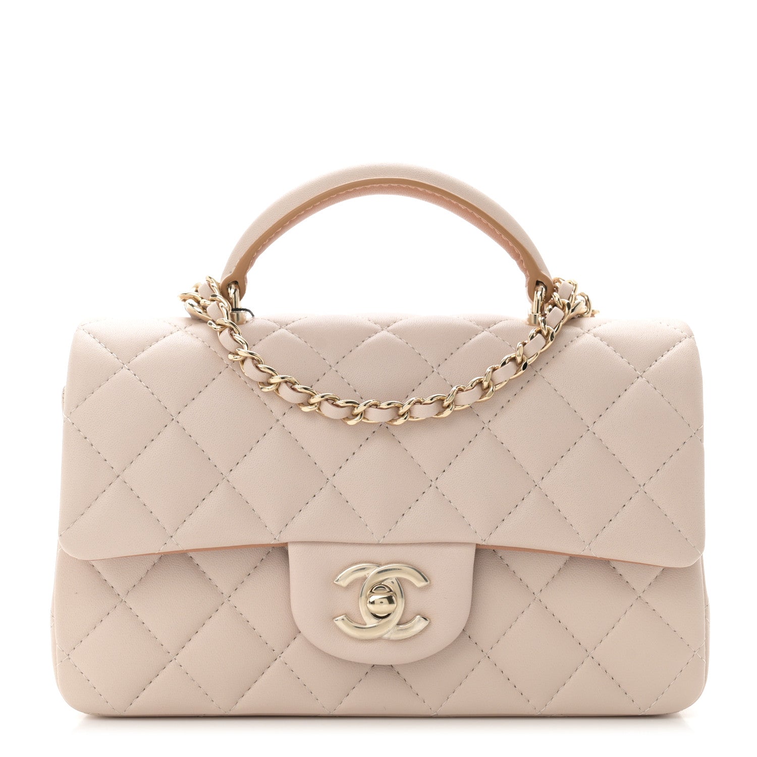 Chanel Lambskin Quilted Bi-Color Mini Top Handle Rectangular Flap Ecru Dark Beige 1 of 11