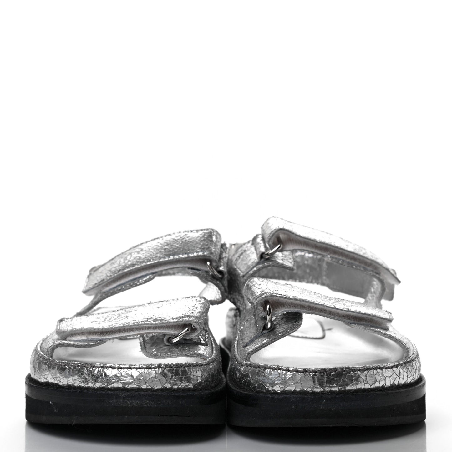Metallic Crackled Calfskin Velcro Dad Sandals 36 Silver