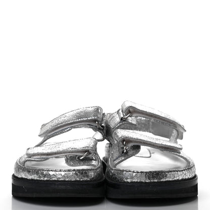 Chanel Metallic Crackled Calfskin Velcro Dad Sandals 36 Silver 2 of 7