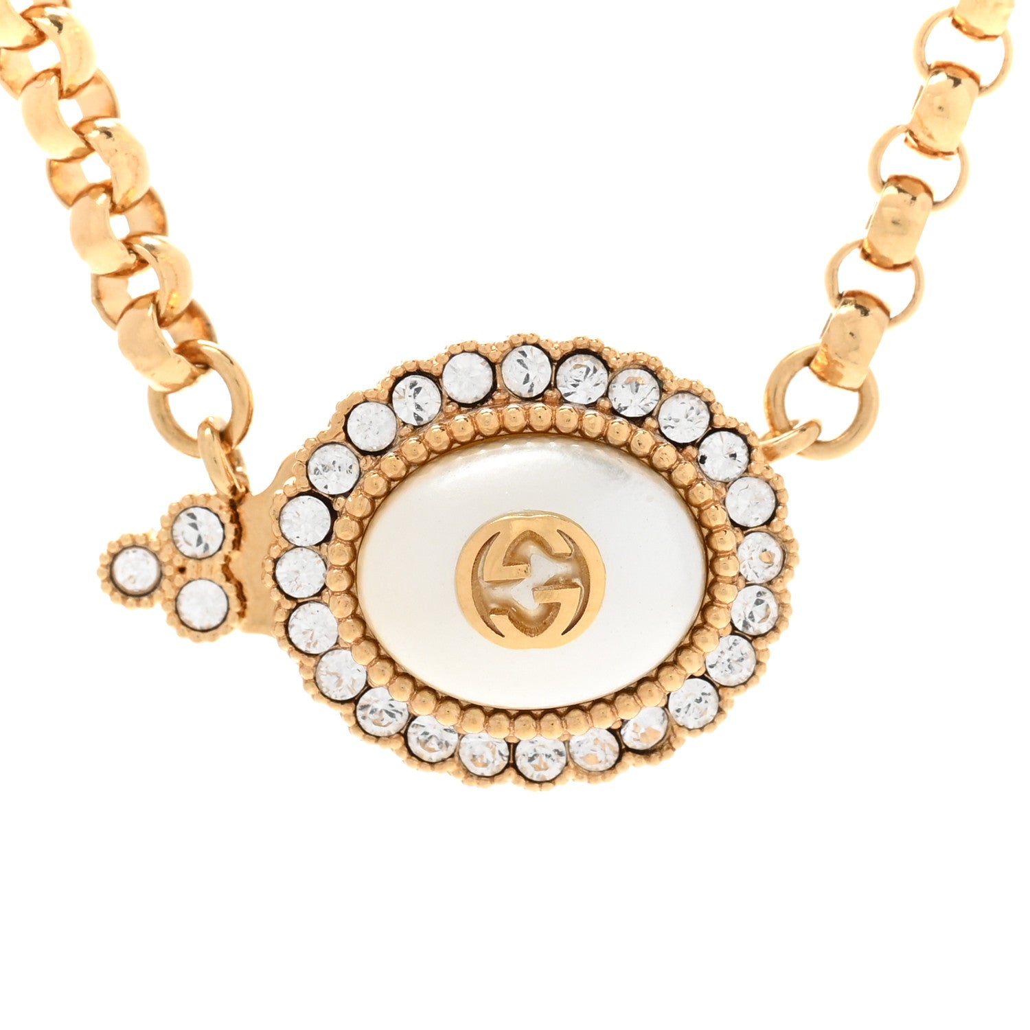 Gucci Pearl Crystal Embellished Interlocking G Necklace Pink Aged Gold 4 of 7