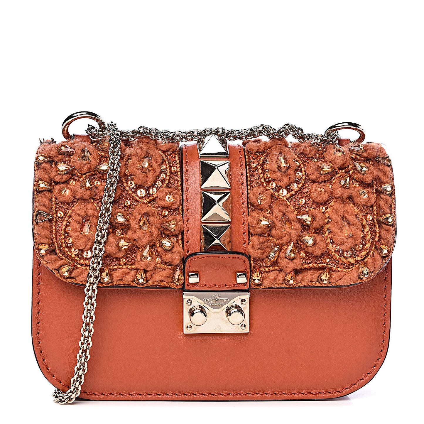 Vitello Crystal Embellished Small Glam Lock Rockstud Flap Orange