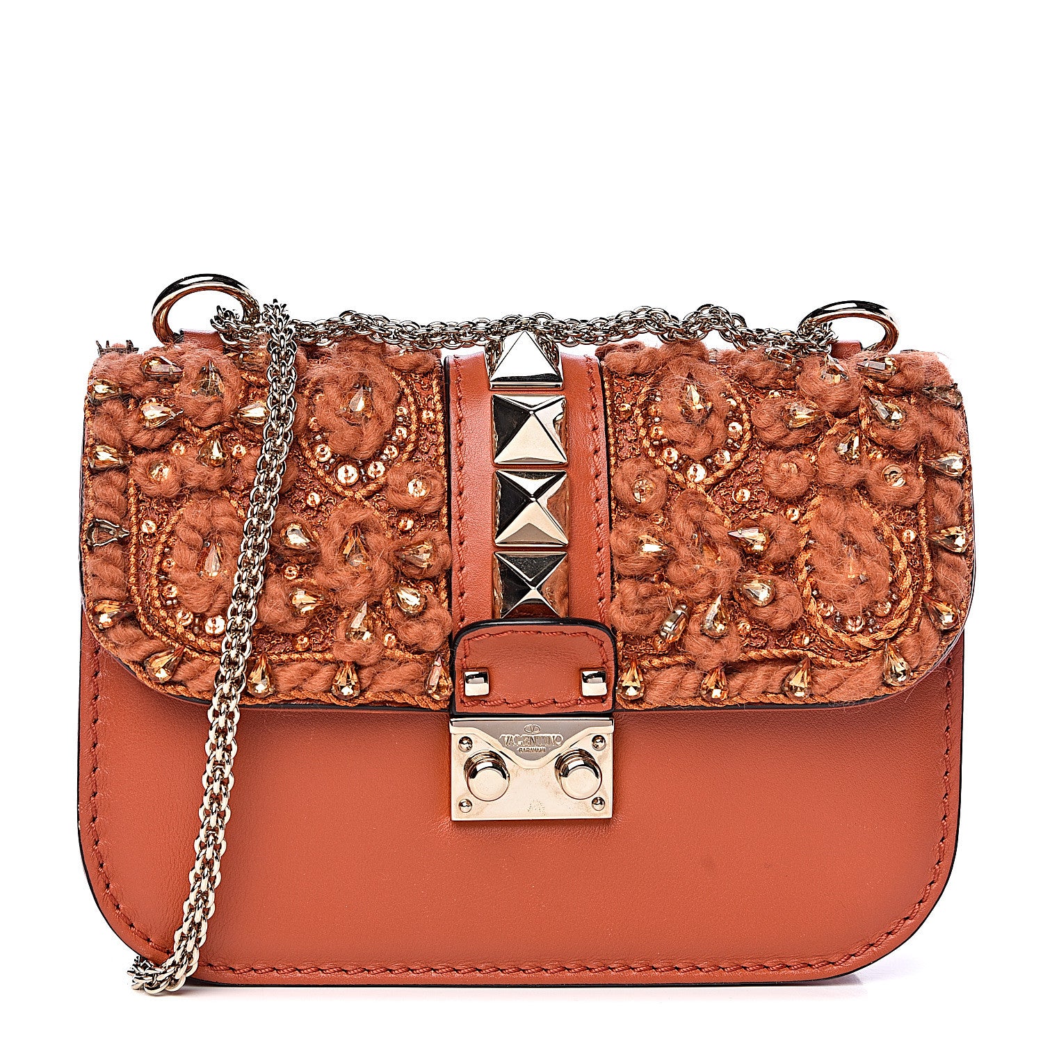 Valentino Garavani Vitello Crystal Embellished Small Glam Lock Rockstud Flap Orange 1 of 13