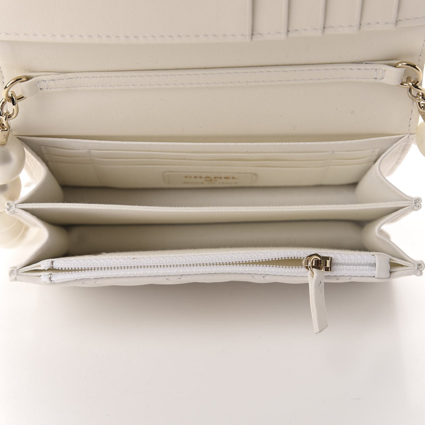 Calfskin Quilted CC Pearl Mini Wallet On Chain Flap White