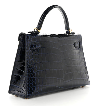 Hermes Shiny Porosus Crocodile Mini Kelly Sellier 20 Havane Bleu Marine 2 of 10