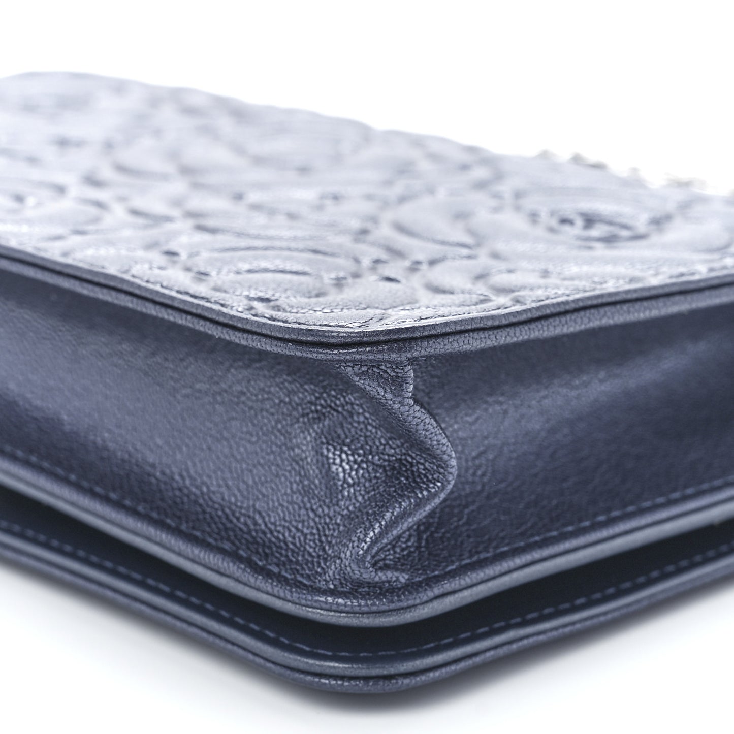 Goatskin Camellia Embossed Wallet On Chain WOC Blue