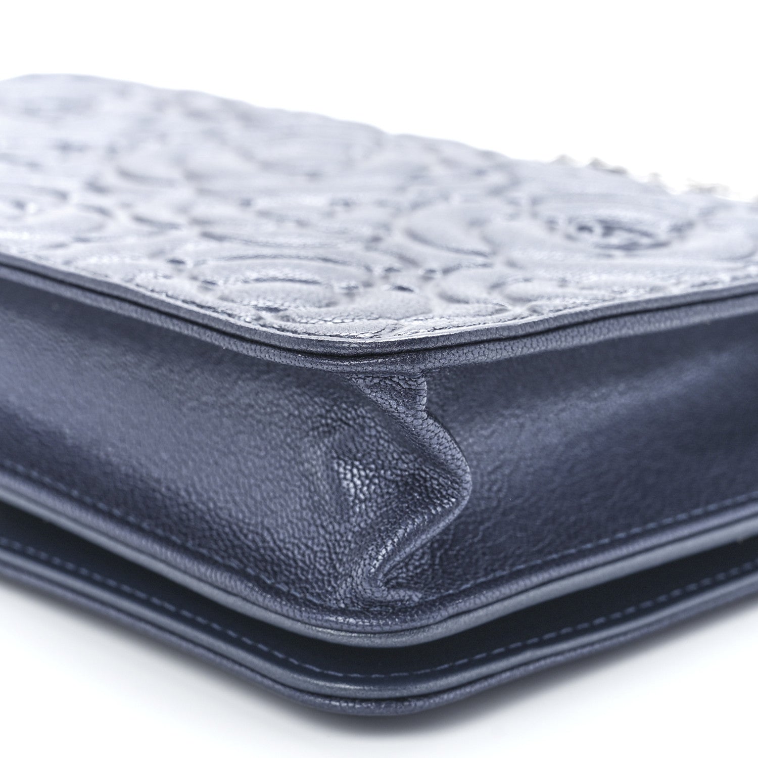 Chanel Goatskin Camellia Embossed Wallet On Chain WOC Blue 11 of 12